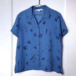 blue blouse, romantic floral print, Josephine chaus